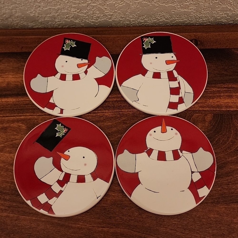 Ceramic Holiday Snowman Drink Coasters Set of 4